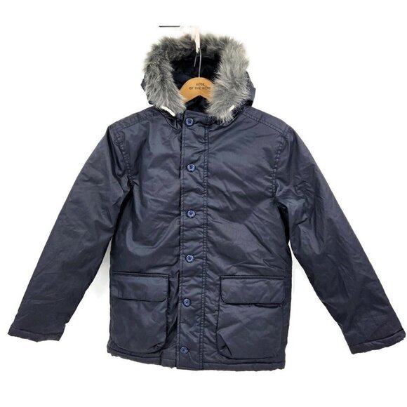New Gymboree Puffer Parka Jacket Size 10-12 Navy Blue Faux Fur Hooded Coat - Picture 1 of 5